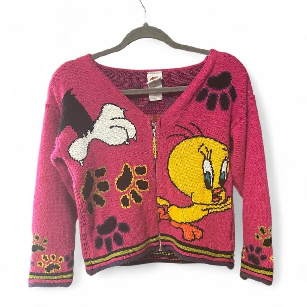 1998 Tweety Bird zip up acrylic sweater w beaded TWEETY zipper pull